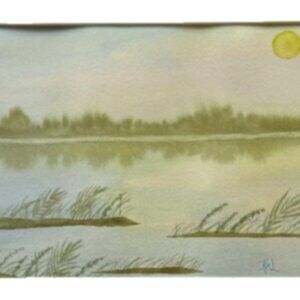 Painting Watercolor Original Sunset Marsh Seascape Green Blue 11x14 & Mat 16x20
